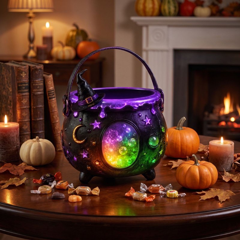 Halloween Witch Cauldron Candy Bowl - Light Up Resin Pot with Purple Starry Sky & LED Glow - Variation #031