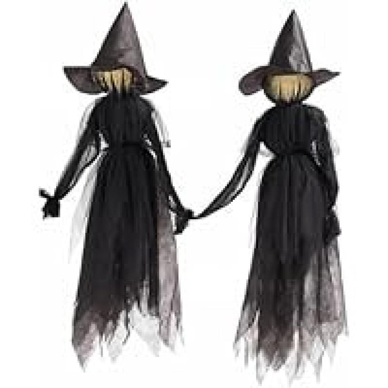2PC Life-Size Light-Up Screaming Witch Halloween Decor - Outdoor Animated LED Yard Decorations