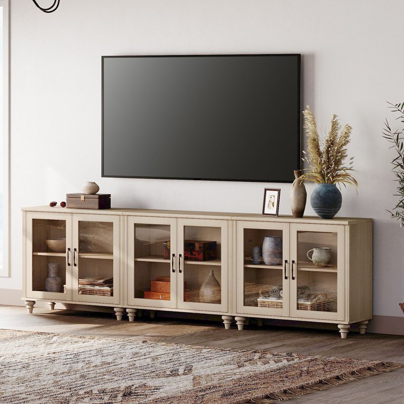 Light Beige 85-Inch TV Stand with 6 Glass Doors & Storage