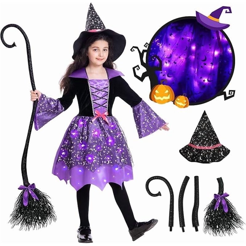 Girls LED Witch Costume with Light-Up Dress, Hat & Broom Set - Size 5-7T - Spooky Halloween Outfit