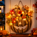 Lighted Burlap Pumpkin Wreath - 13.78-Inch Fall Door Decor with LED Fairy Lights