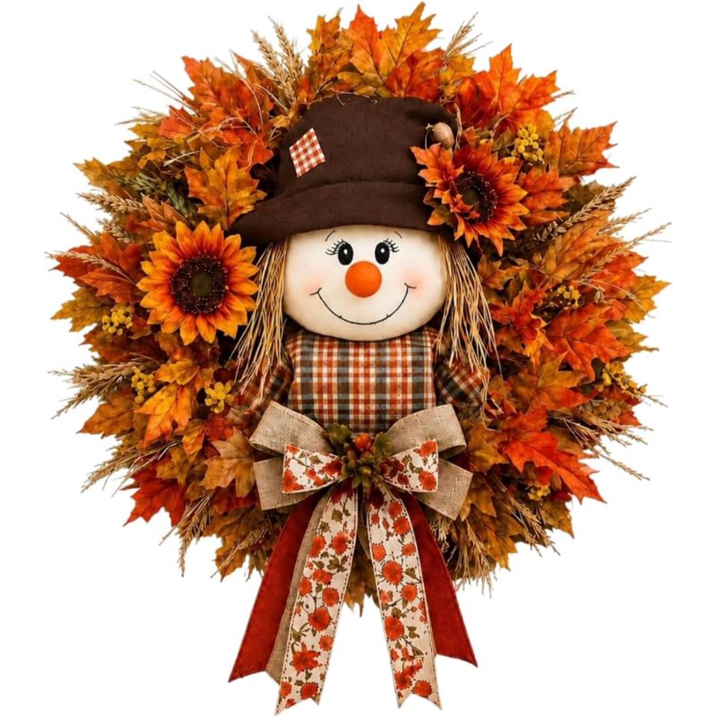 Lighted Fall Wreath for Front Door - Classic Style Harvest Decor with Sunflower & Maple Leaves