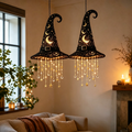 Lighted Witch Hat Hanging Set - Moon Variation, 2 Pack Halloween Decor