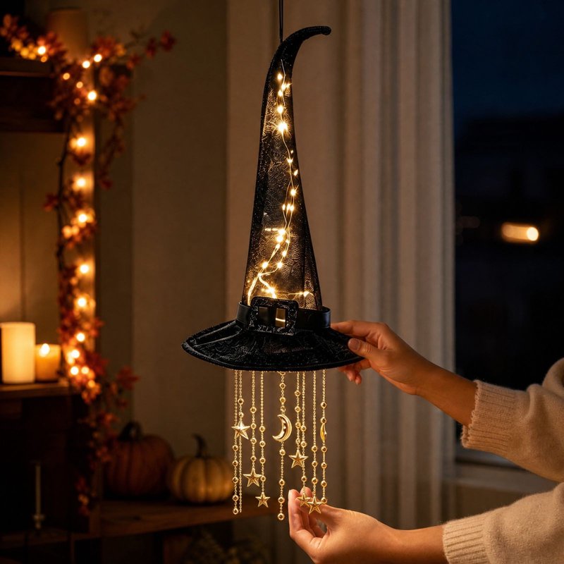 Lighted Witch Hat Hanging Decor - Long Hat Variation for Halloween & Gothic Spaces