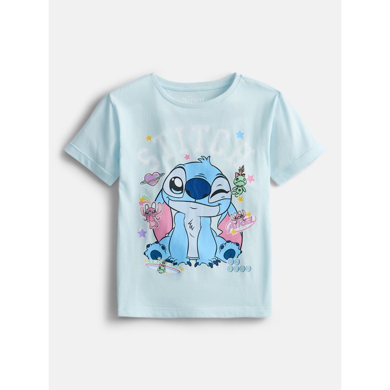 Girls' Lilo & Stitch Graphic Tee with Short Sleeves - Stitch Stickers Variation