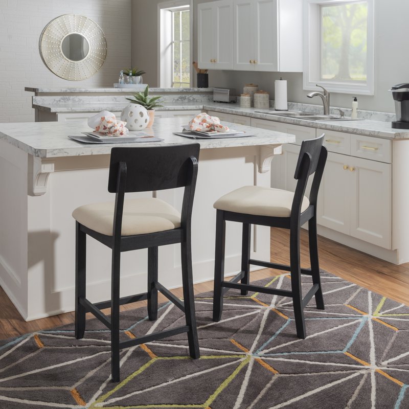 25-Inch Dark Charcoal Wood Counter Stool with Beige Cushion