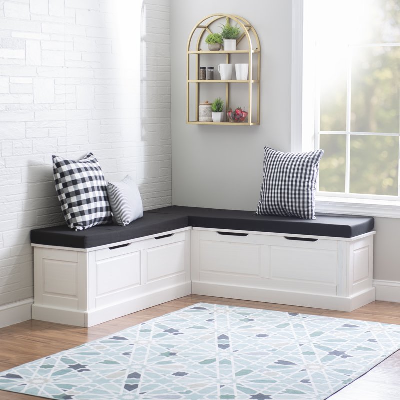 Backless Corner Nook with Storage & 5-Piece Cushion Set - White/Black Stripe