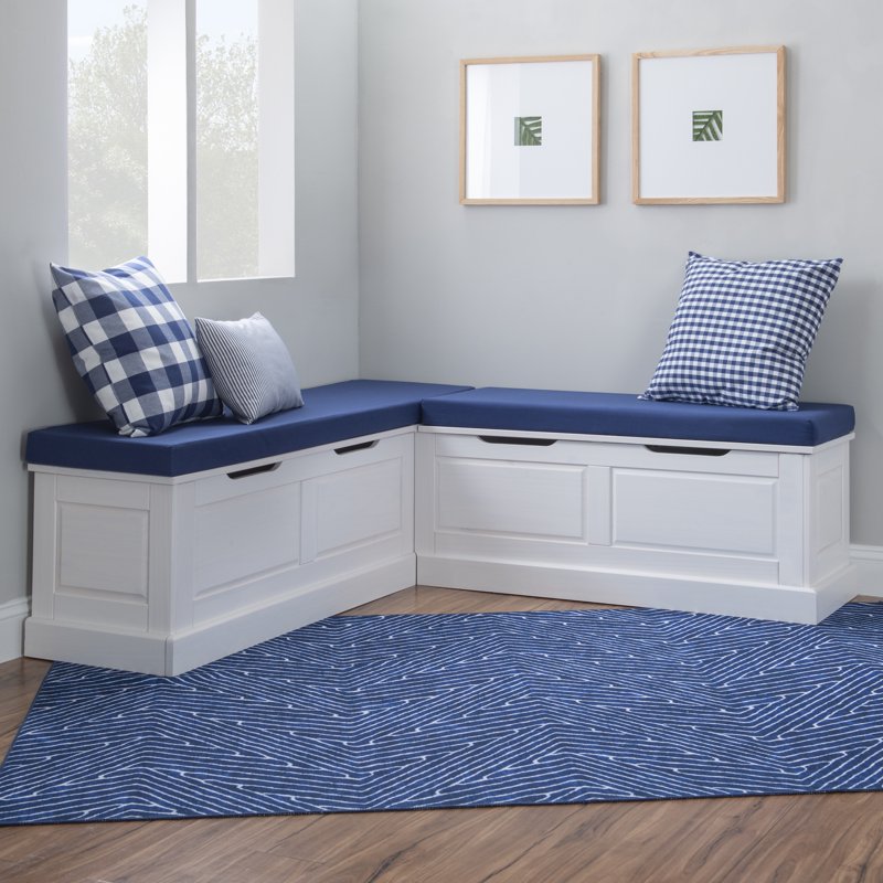 Backless Corner Nook with Storage - 5-Piece Cushion Set, White/Navy