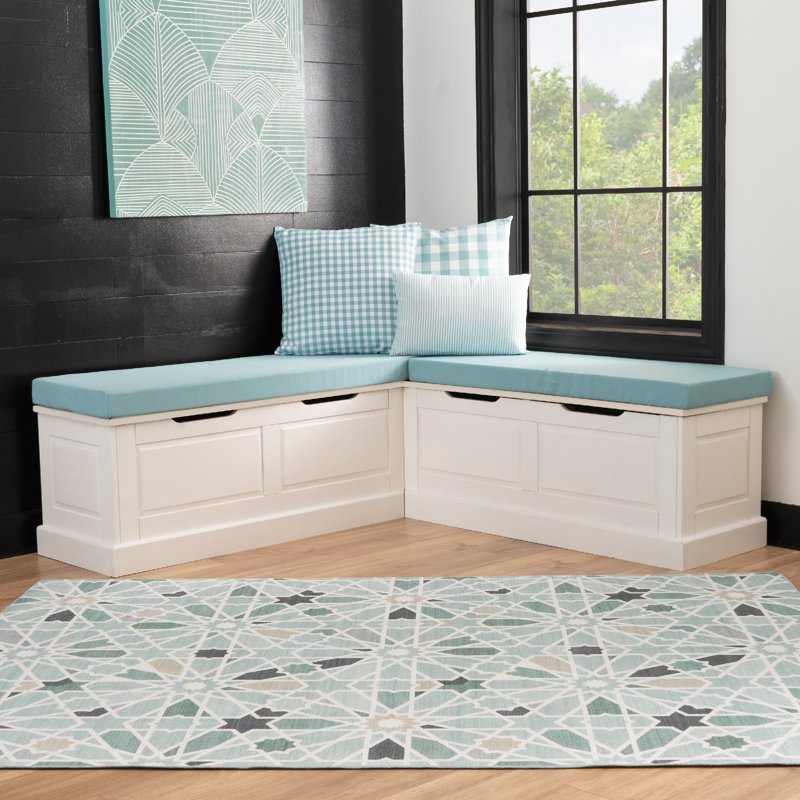 Backless Corner Nook with Storage - 5-Piece Cushion Set - White/Seafoam