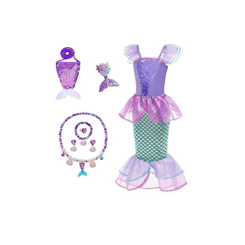 Girls Princess Mermaid Costume Dress Up Set - Purple, 10-11 Years