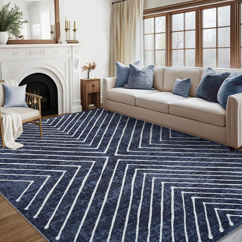 Blue 8x10 Modern Washable Non Slip Area Rug - Striped Low Pile Bedroom & Living Room Carpet