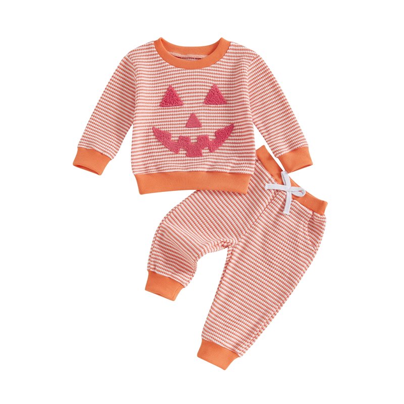 Toddler Boys Girls Halloween 2-Piece Pants Outfit Set - Pumpkin Embroidery & Striped Pants, Style 26, 2-3 Years