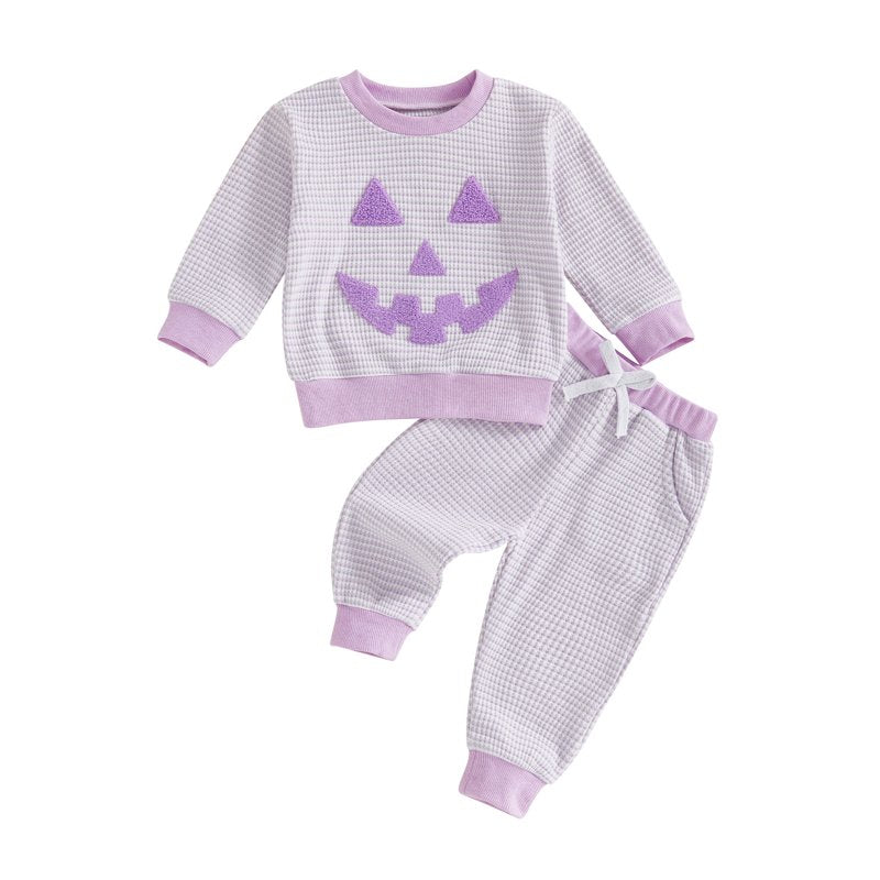 Baby Halloween 2-Piece Outfits Set for Toddler Boys Girls - Pumpkin Embroidery & Striped Pants, Style 27, 6-12 Months