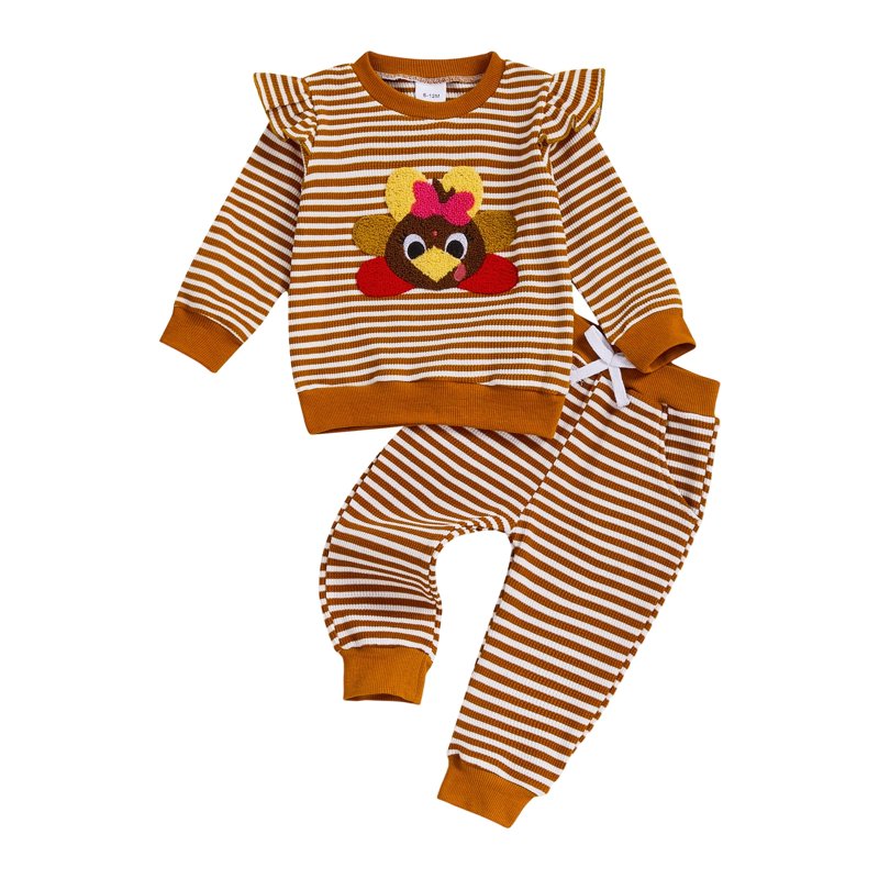Toddler Girls Pumpkin Embroidery Sweatshirt & Striped Sweatpants Set - Style 32, 2-3 Years