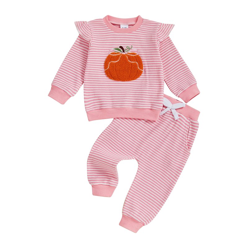 Toddler Girls Halloween Outfit Set - Embroidery Pumpkin Sweatshirt & Striped Pants, 18-24 Months - Style 31