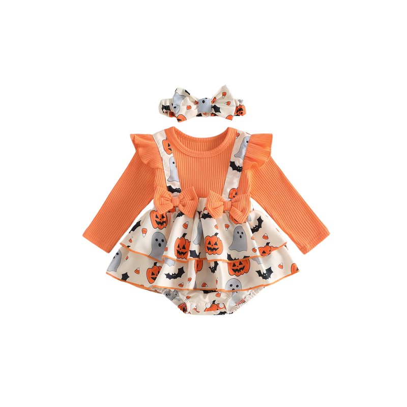 Baby Girl Halloween Bodysuit Romper Set - Orange, 12-18 Months with Headband