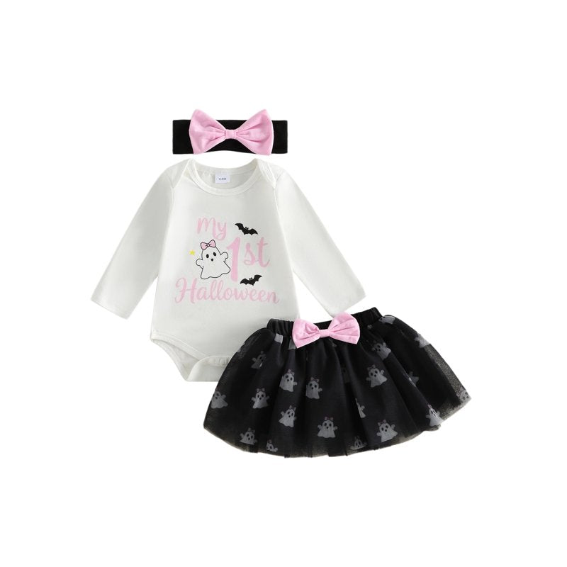 Baby Girl Halloween Romper Set with Tulle Skirt & Headband - Black, 6-9 Months