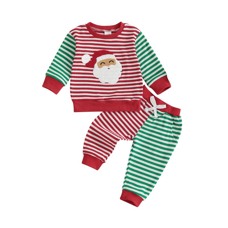 Toddler Baby Fall Striped Clothes Set 6-12 Months Santa Embroidery Long Sleeve Pullover Bow Pants 2 Pcs Style 16