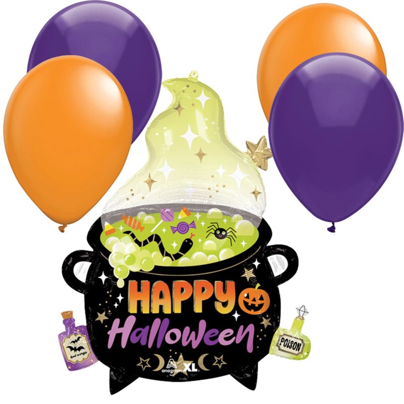 Halloween Witch’s Brew Cauldron Foil Balloon Set with 4 Latex Balloons - Spooky Party Decor