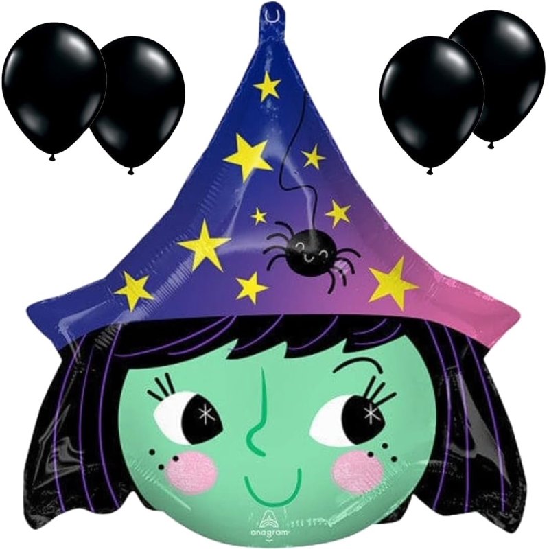Halloween Witch Foil Balloon with 4 Black Latex Balloons - Party Decor