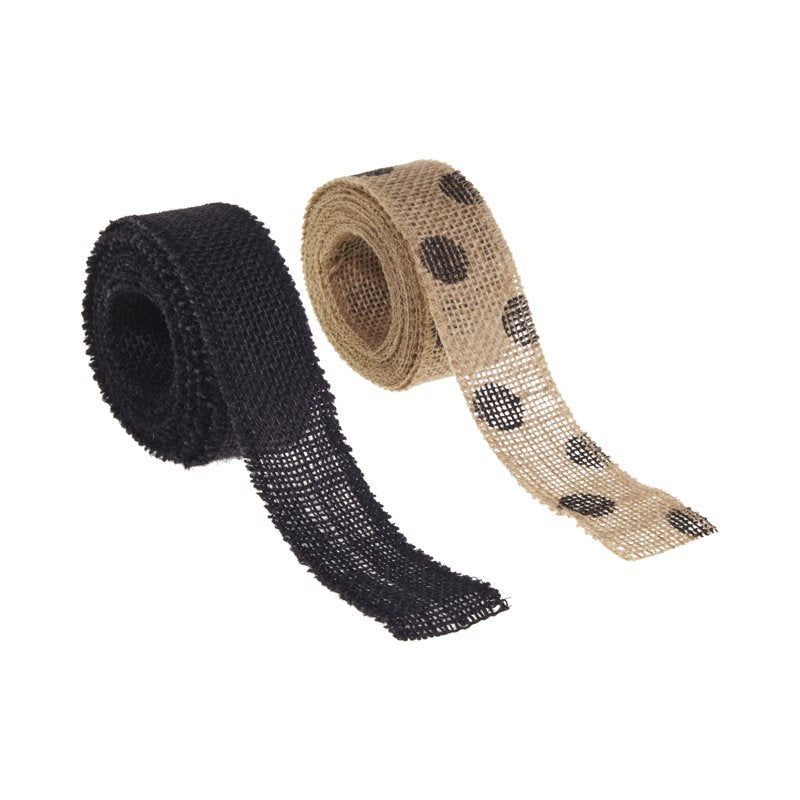 Natural Burlap Ribbon Set - 1.5W x 3Yds with Black Dots, Rustic Craft Trim