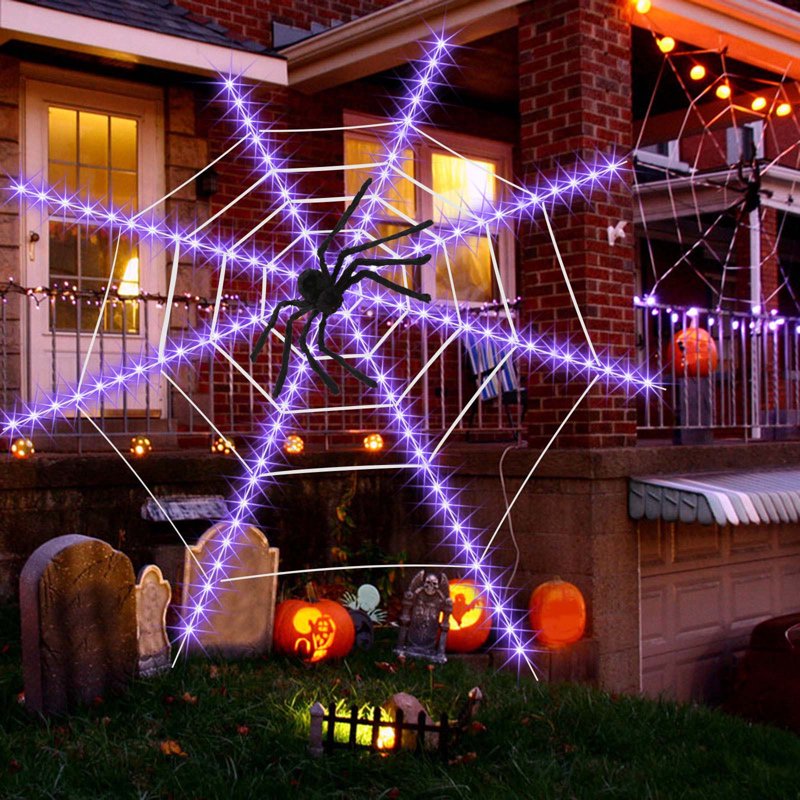 12ft Halloween Spider Web Lights with 1 Spider, 8 Modes Waterproof Outdoor Decoration