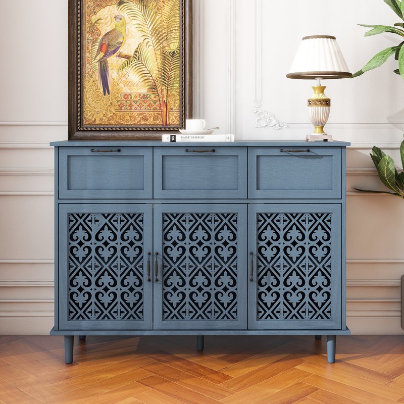 Retro Hollow-Carved 3 Door 3 Drawer Sideboard Cabinet - Lake Blue