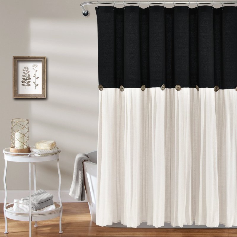 Black & White Linen Button Shower Curtain - 72 x 72 Inches, Cotton Blend