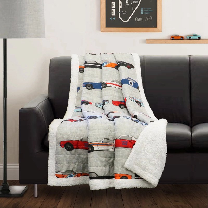 Kids Race Cars Throw Blanket - Reversible Sherpa Plush 60x50 Inches