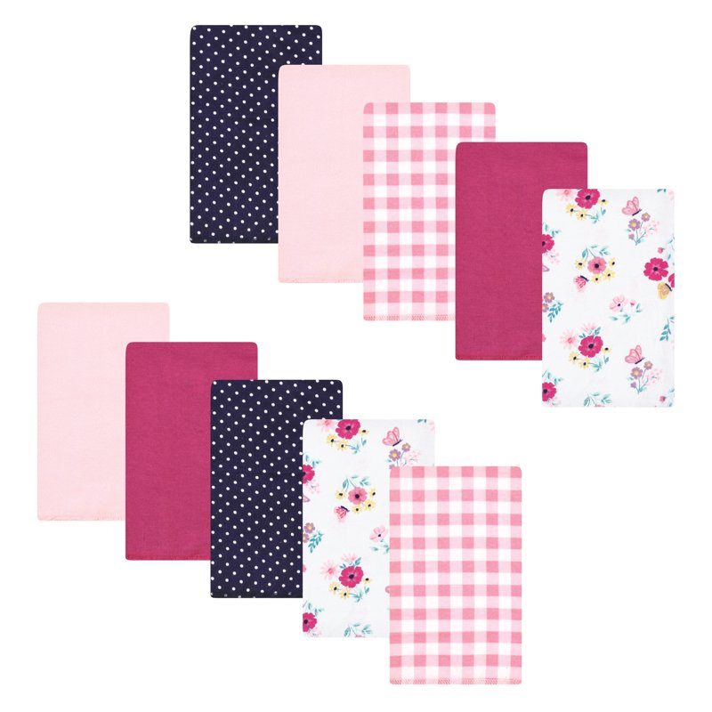 Burp Cloths 10-Pack - Cotton Poly Flannel, Pink Butterfly Meadow