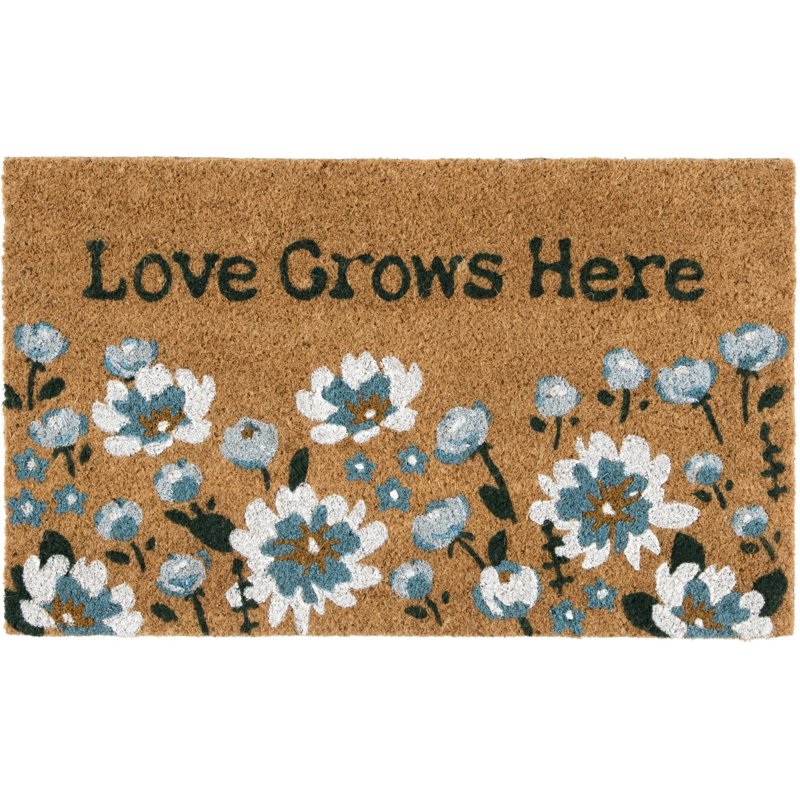 Outdoor Coir Doormat 18x30 Inch - Love Grows Here Floral Entry Rug - Non-Slip Home Entrance Mat