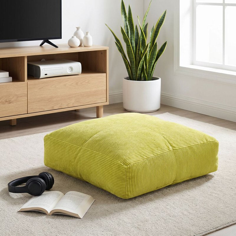 Green Silk Floor Cushion - Ribbed Corduroy Decorative Pillow 20x20x6 Inches
