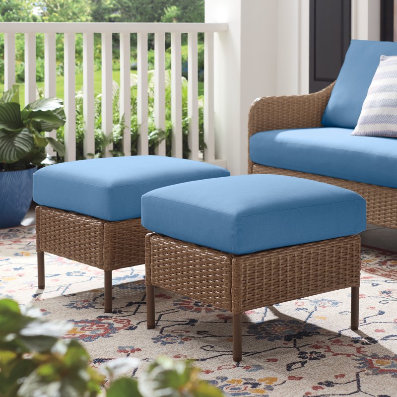 Outdoor Patio Ottoman Set - 2 Pieces with Blue Cushions