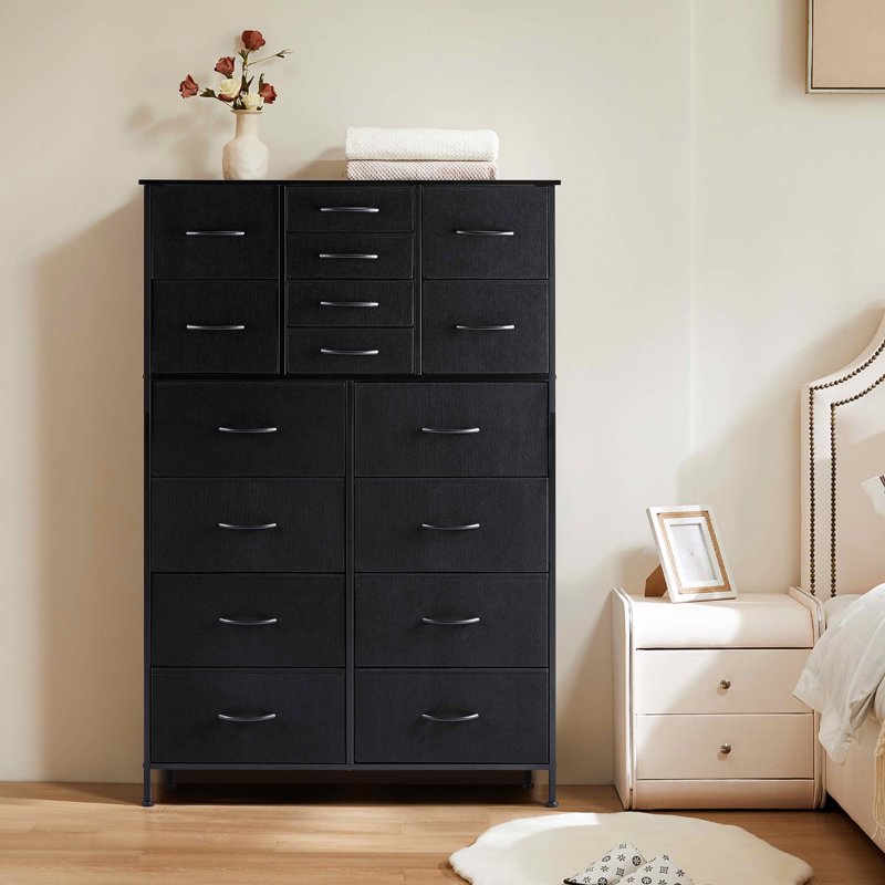 Tall Fabric Storage Dresser Tower with Wooden Top - 16 Drawer Black
