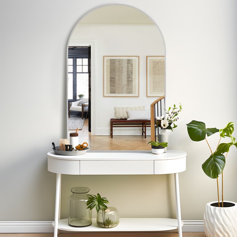 36x24in Modern Arched Silver Wall Mirror - Aluminum Alloy Frame, Wall-Mounted Vanity & Sink