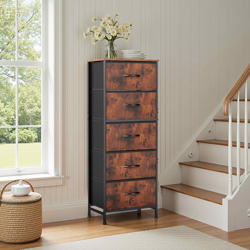 5 Drawer Fabric Dresser with Wooden Top - 5 Drawer Rust