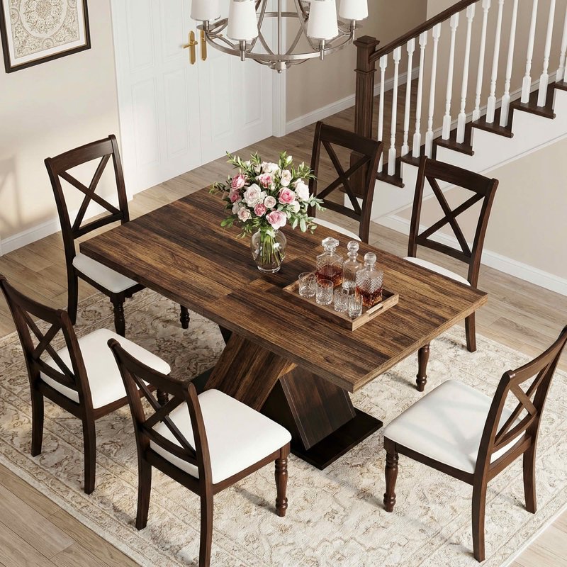 55" Farmhouse Dining Table - Dark Wood Grain, 4-6 Seater