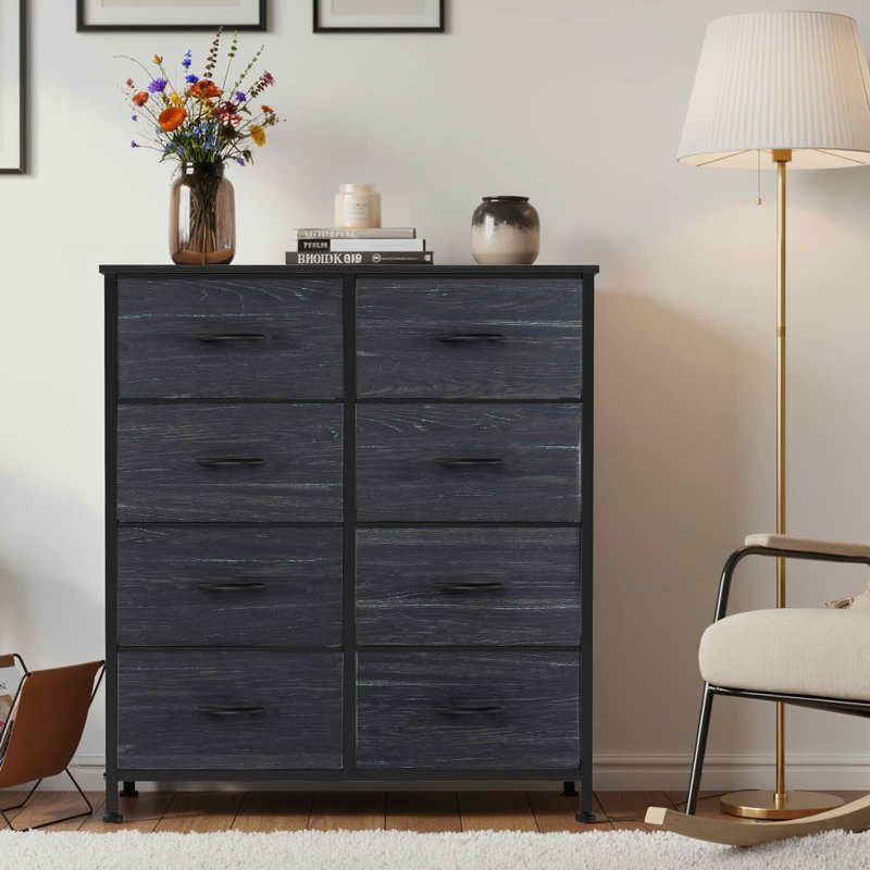 Tall Fabric Storage Dresser Tower - 8 Drawer Black Wood Organizer