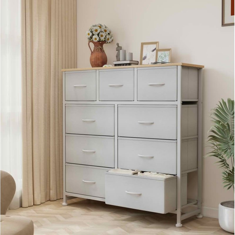 Tall Fabric Storage Dresser Tower - 9 Drawer Light Gray Organizer