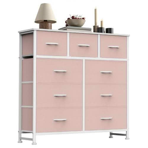 Tall Fabric Storage Dresser Tower with Wooden Top - 9 Drawer Pink