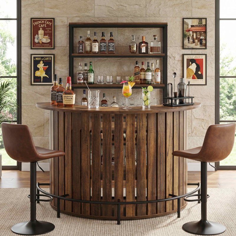 Arc-Shaped 4-Tier Mini Bar Table - Modern Rustic Design