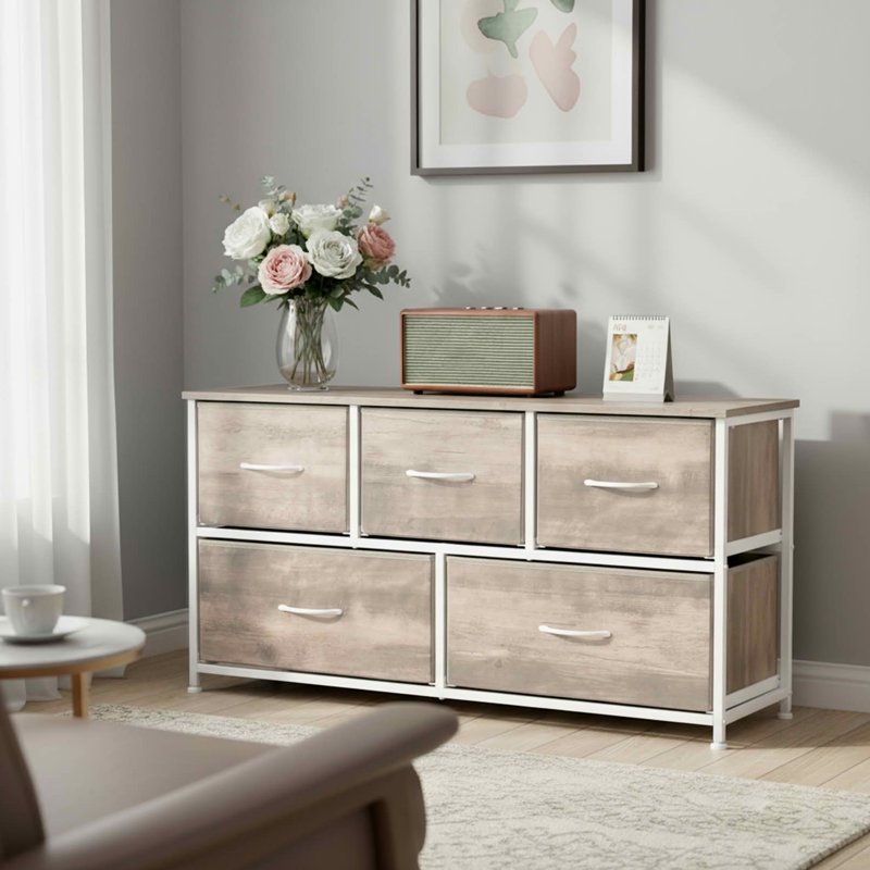 Fabric Drawer Nightstand with Wooden Top - 5 Drawer Oak