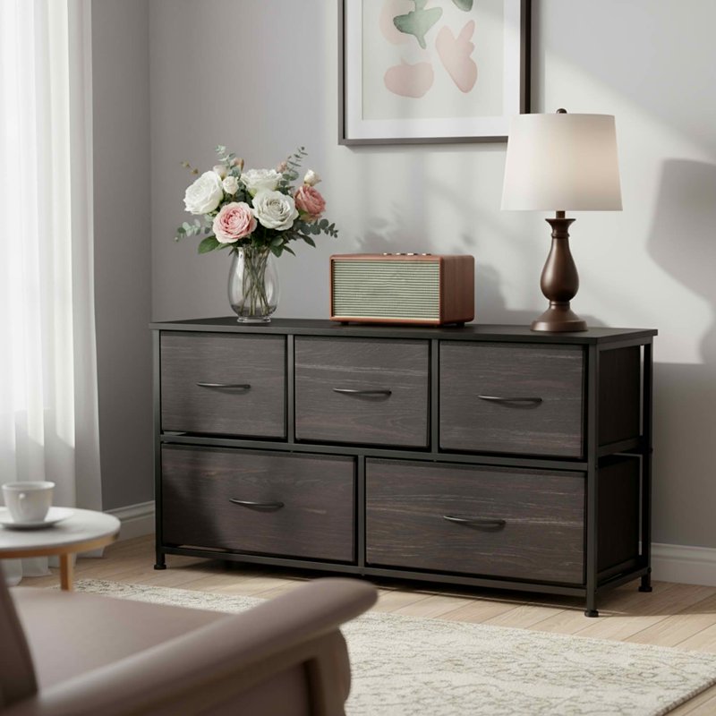 Fabric Drawer Nightstand with Wooden Top - 5 Drawer Black Wood