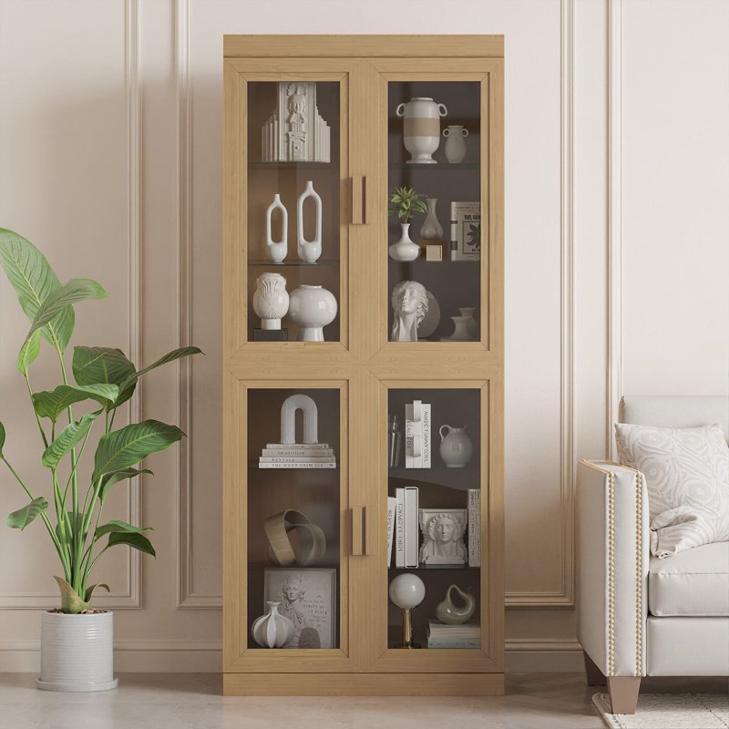 Curio Display Cabinet with Glass Doors - Natural Wood, 72x31x16in