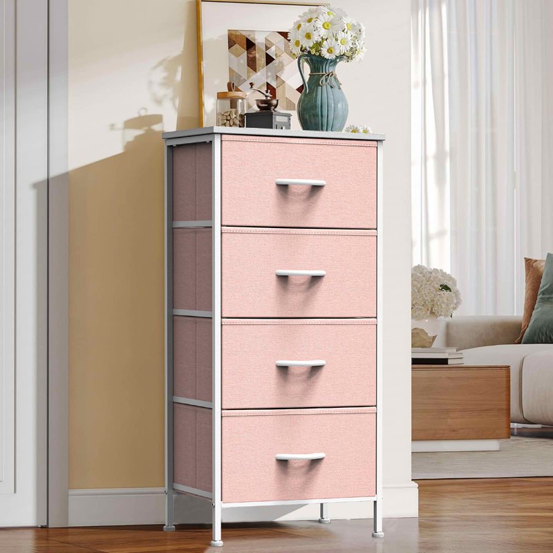 Fabric Drawer Storage Cabinet with Wooden Top - 4 Drawer Pink