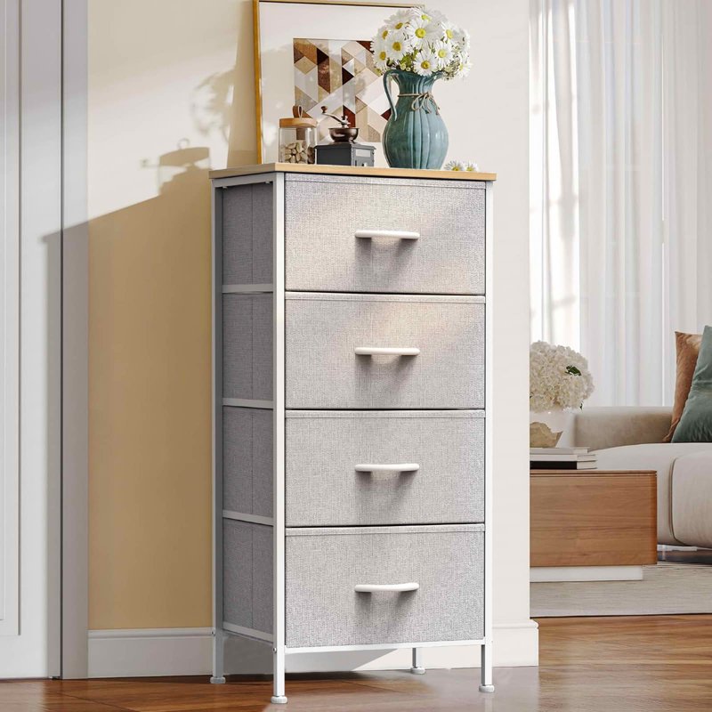 Fabric Drawer Storage Cabinet with Wooden Top - 4 Drawer Light Gray