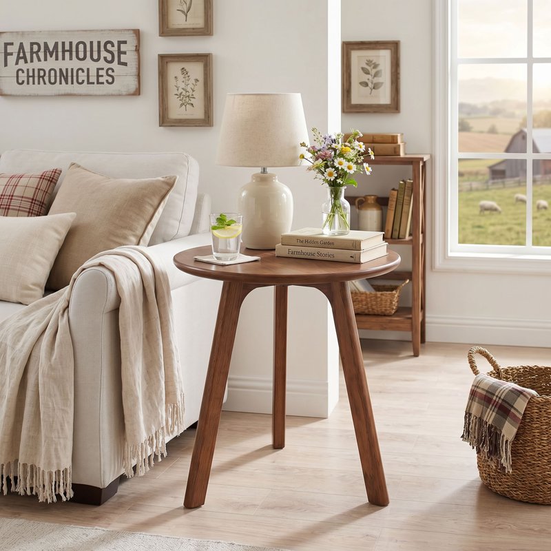 Solid Oak Wood Round End Table - Mid-Century Modern Accent Table