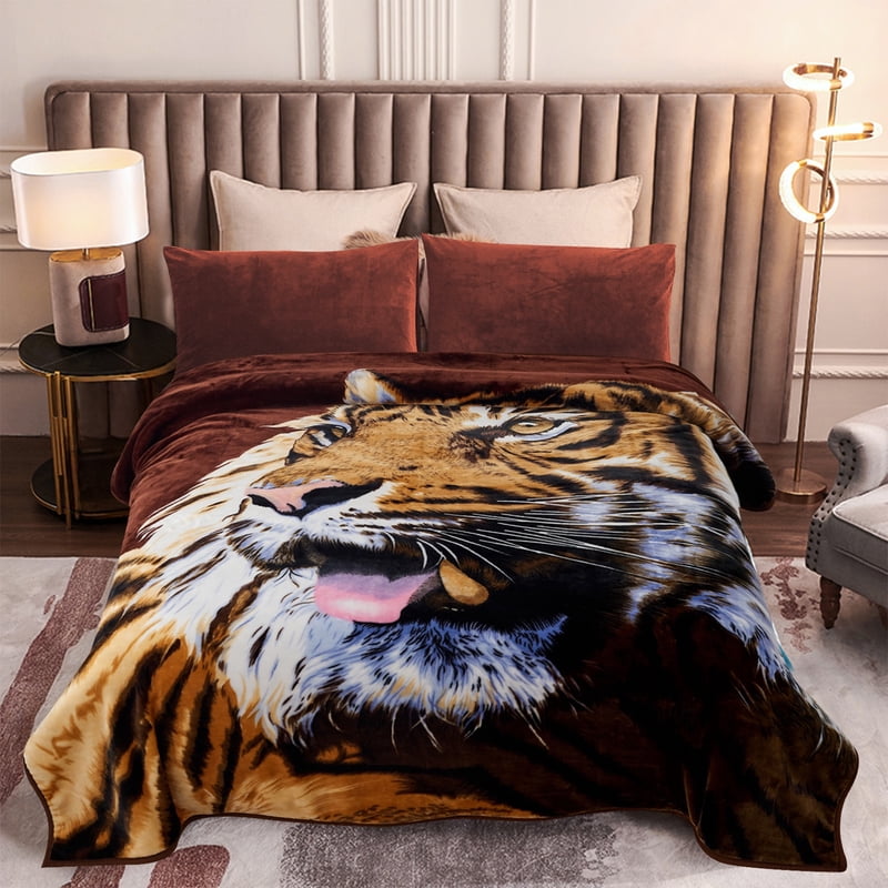 Full/Queen Microfiber Fleece Blanket with Leopard & Tiger Patterns - Warm & Soft, 75x87, 5LB - Brown Variation