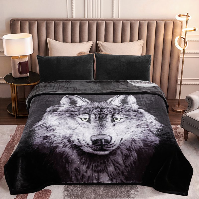 King Size Fleece Blanket A&B Pattern - Black Moon Wolf / Wolf - Cozy Microfiber Bed Throw
