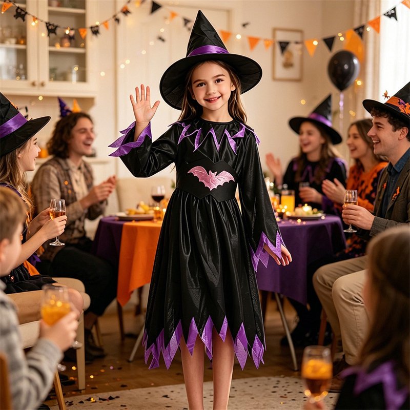 Kids Witch Costume Dress with Bat Accents for Halloween - Purple, Size 10-14 Years